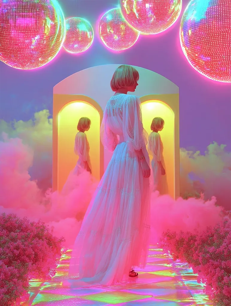 A woman in a flowing white dress stands in a surreal, vibrant landscape.  Surrounding her are large, iridescent disco balls and pink fog, creating a dreamy, otherworldly atmosphere.  Two mirrored figures of the woman are visible in arched doorways, enhancing the dreamlike quality of the scene.  The overall aesthetic is highly saturated and whimsical, combining elements of fantasy and retro style.