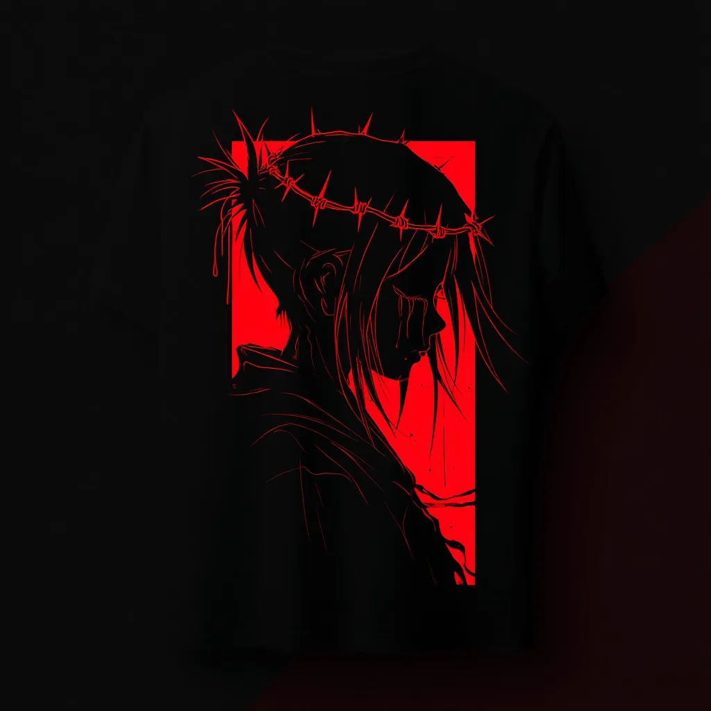 A black and red graphic depicts a stylized anime girl in profile view.  She is outlined in red, appearing as a silhouette against a red rectangular background.  Tears stream down her face.  A barbed wire crown adorns her head.  The overall aesthetic is dark and emotive.  The image is printed on a black t-shirt.