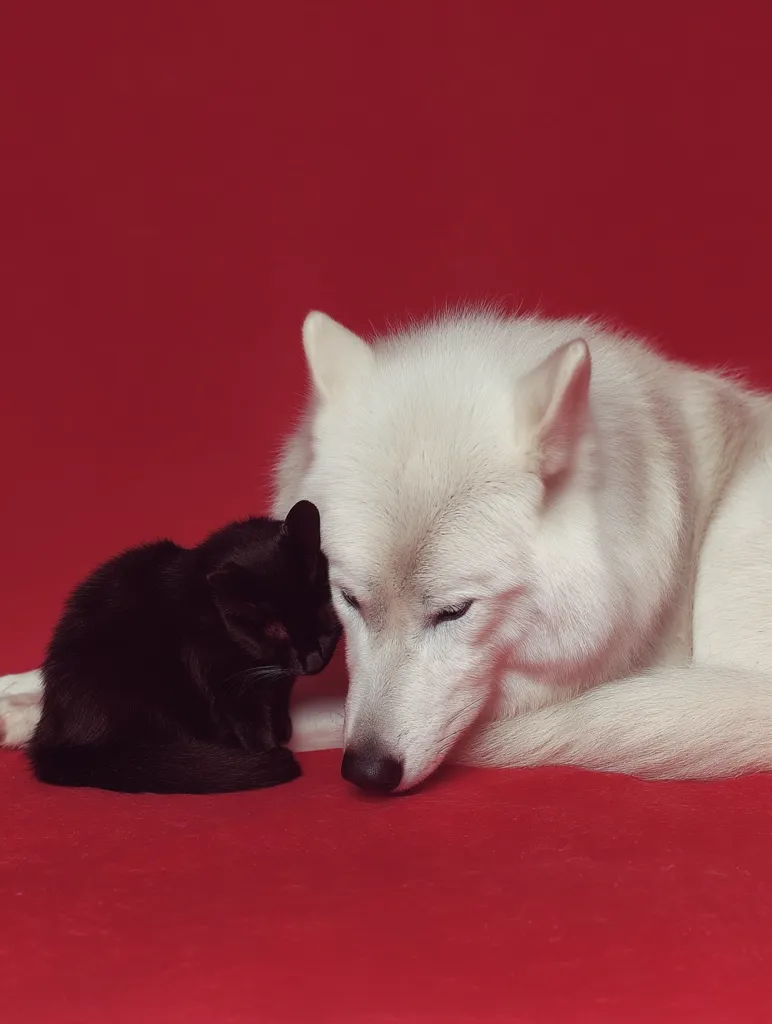 A white husky dog rests on a red background, its head gently lowered towards a small black kitten nestled beside it.  The dog's eyes are closed, suggesting peaceful slumber.  The kitten appears calm and comfortable against the dog. The contrasting colors of the animals and the background create a visually striking image.