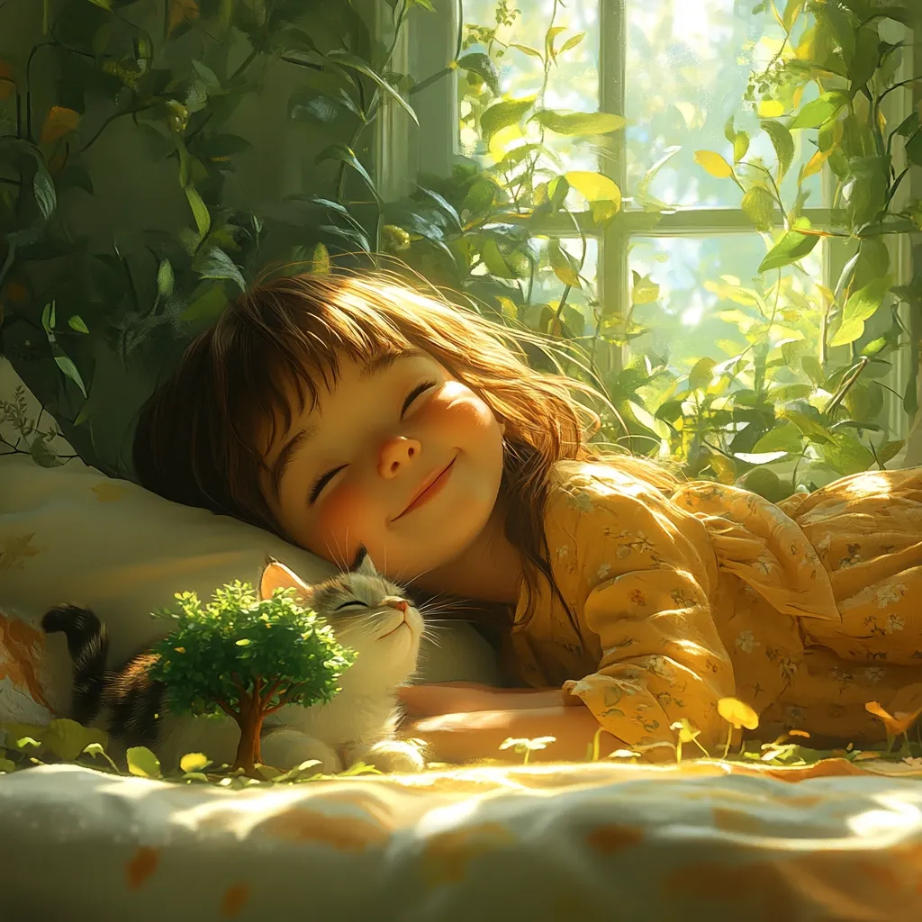 A little girl with rosy cheeks sleeps soundly beside a small cat.  Sunlight streams through a nearby window, illuminating the scene.  Lush green plants frame the window and spill onto the bed where the child and cat rest peacefully. The overall mood is serene and idyllic.