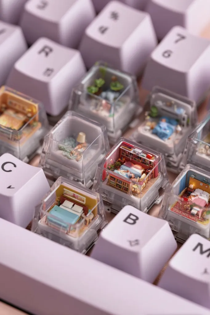 A close-up shot reveals a keyboard with miniature room scenes encased within each keycap.  Each tiny room depicts a different interior setting, from bedrooms and living rooms to perhaps a plant-filled space. The keyboard itself is light purple, creating a soft, pastel aesthetic. The image is a whimsical and artistic representation of home life.