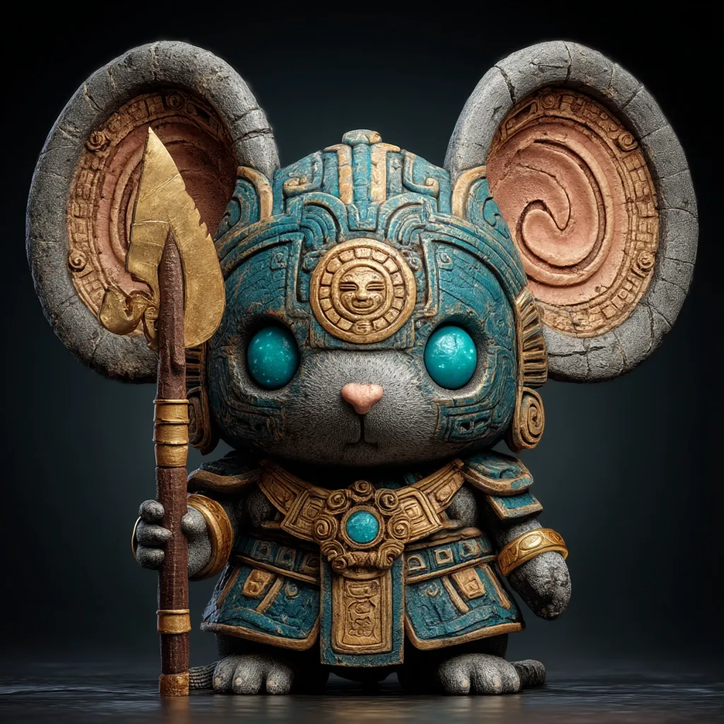 A 3D-rendered image showcases a stylized mouse warrior.  The mouse is adorned in intricately carved armor reminiscent of Mayan or Aztec designs, featuring turquoise and gold accents.  Large, expressive eyes contrast with the stone-like texture of the armor and ears.  The mouse grips a golden spear, adding to its formidable appearance.  The dark background accentuates the detail and color of the figurine.