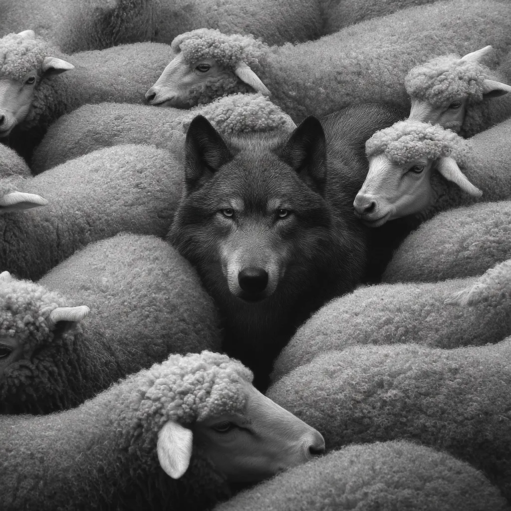 A grayscale image depicts a lone wolf subtly concealed amidst a flock of sheep. The wolf's intense gaze directly confronts the viewer, creating a stark contrast against the fluffy, docile sheep.  The monochrome palette enhances the dramatic tension, symbolizing deception or hidden danger within an unsuspecting group. The image's composition emphasizes the wolf's solitary position and its powerful presence within the crowd.