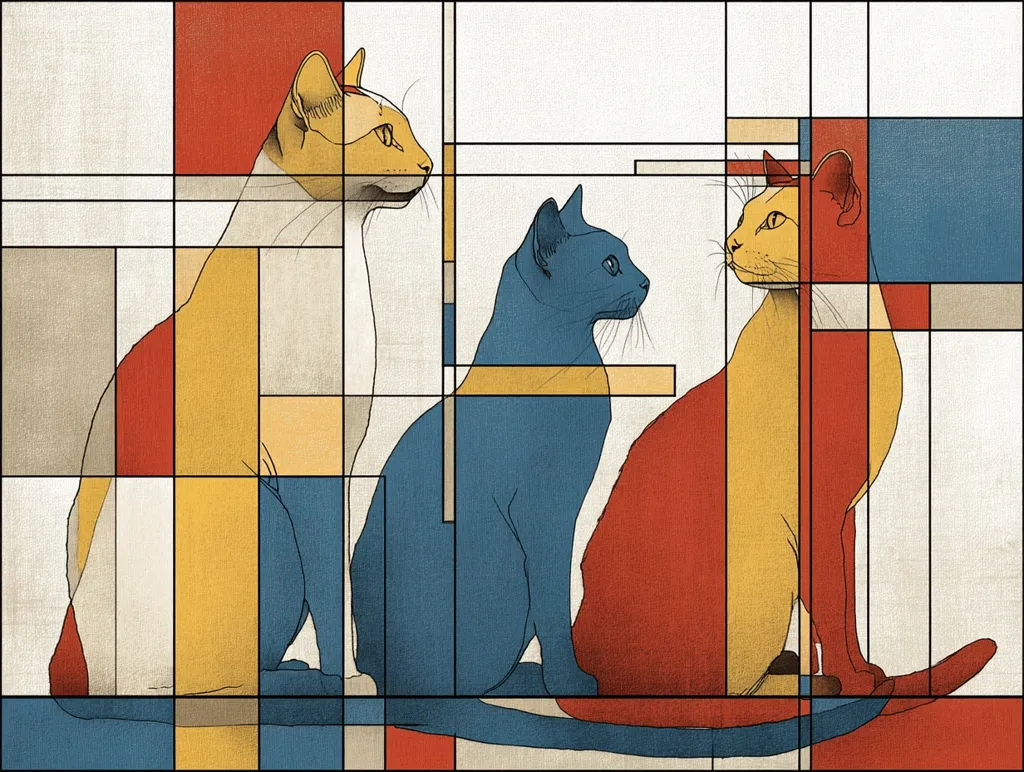 A stylized artwork depicts three cats in a geometric, Cubist-inspired composition.  The cats, rendered in muted shades of red, yellow, and blue, are positioned against a background of intersecting rectangular planes.  The style is reminiscent of early 20th-century modern art, emphasizing form and color over realistic detail. The cats appear calm and contemplative, their forms fragmented by the bold geometric lines.