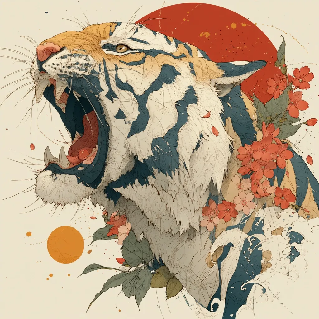 A stylized illustration depicts a tiger's head and shoulders, its mouth open in a roar.  The tiger is rendered in muted creams, blues, and grays, with detailed fur texture.  Vibrant orange cherry blossoms and stylized waves intermingle with the tiger, creating a dramatic, almost surreal juxtaposition.  A large red circle, suggesting a sun, and smaller orange circles add to the composition's artistic flair. The overall style blends realism with Japanese art influences.
