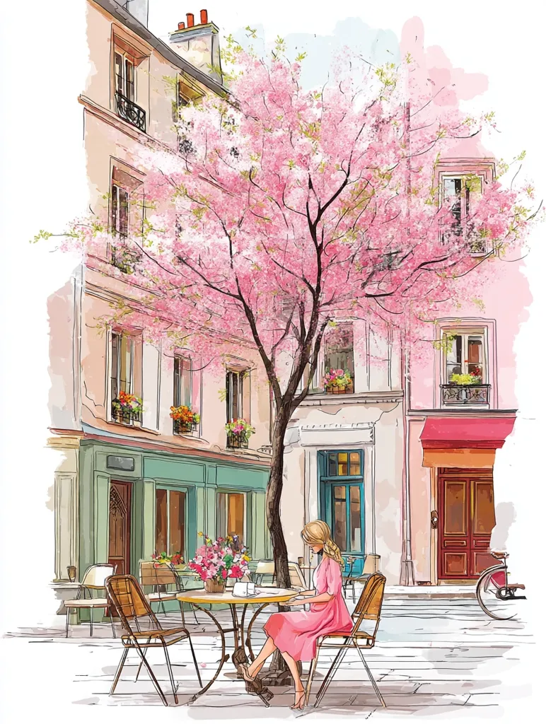A watercolor painting depicts a Parisian street scene.  A woman in a pink dress sits at a café table under a blossoming pink tree, working on a laptop.  The buildings are pastel-colored, showcasing Parisian architecture.  Flowers adorn window boxes and the café table.  The overall atmosphere is serene and romantic, evoking a sense of Parisian charm.
