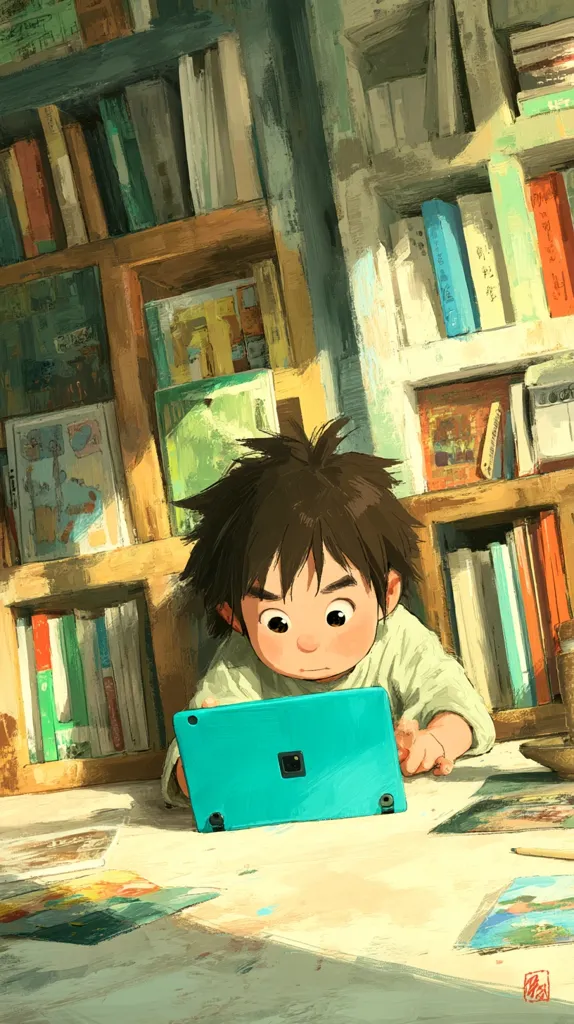 A young child with brown hair sits at a table surrounded by bookshelves filled with books.  Sunlight streams into the room. The child is engrossed in a teal tablet, their expression focused. The scene is warm and inviting, suggesting a quiet moment of learning or play in a well-loved space filled with stories.  The artwork style is painterly and slightly whimsical.