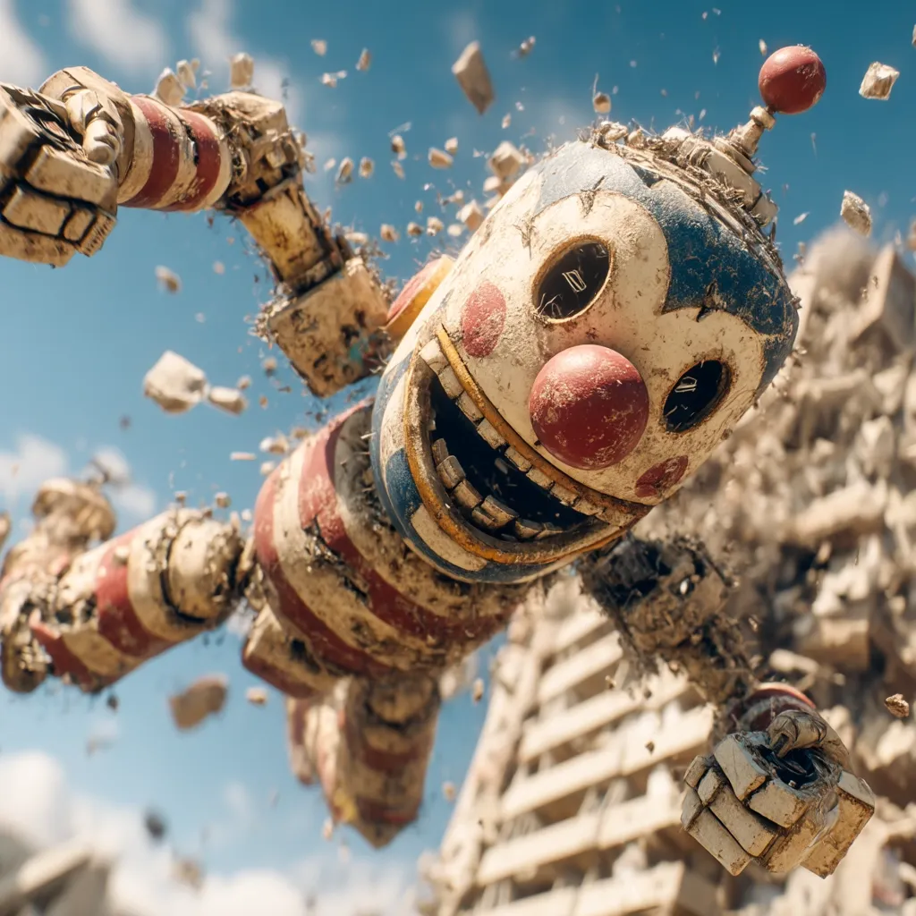 A dilapidated, clown-faced robot tumbles through the air amidst a crumbling cityscape.  Dust and debris surround it as it falls, its painted surface marred and worn.  The robot's cheerful expression contrasts sharply with the destruction, creating a surreal and unsettling scene.  The vibrant colors of its costume are muted by grime, suggesting a long history of wear and tear.
