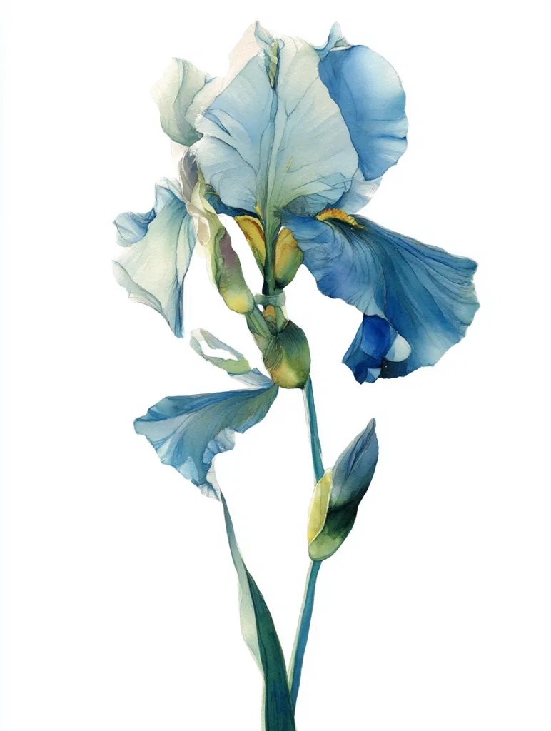 A watercolor painting depicts a single, elegant blue iris in full bloom.  The delicate petals are rendered with soft washes of blue and white, creating a luminous effect.  A closed bud sits below the main flower on the slender stem, hinting at future blossoms. The background is pure white, allowing the iris to stand out vividly. The painting style is realistic yet subtly impressionistic, emphasizing the flower's graceful form.