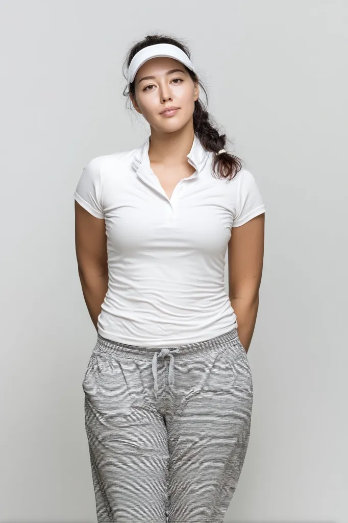 A young woman with dark hair pulled back into a braid stands against a light gray background. She's wearing a white, short-sleeved collared shirt and gray, striped drawstring pants.  A white visor sits atop her head. Her expression is calm and neutral, hands resting at her sides.  The overall look is simple and athletic.