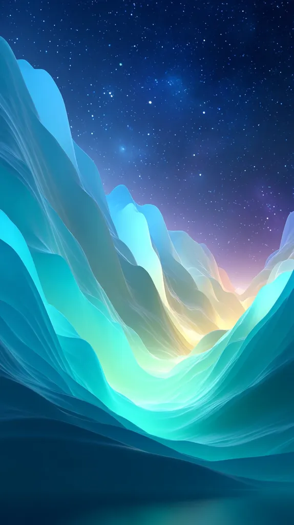 An abstract digital landscape depicts soft, flowing turquoise and teal mountains under a deep blue, star-filled night sky. The mountains' forms are smooth and undulating, creating a sense of depth and serenity.  Warm, yellowish light hints at a distant horizon, contrasting beautifully with the cool tones of the mountains and sky.  The overall aesthetic is calming and dreamlike.