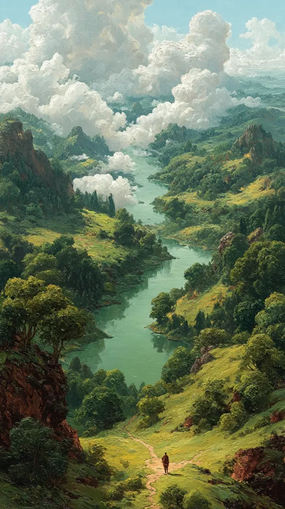 A lone figure walks a winding path down a verdant hillside overlooking a tranquil river snaking through a lush valley.  Towering cumulus clouds fill the sky above the rolling hills and dense forests.  The scene is painted in a realistic style, emphasizing the beauty of the natural landscape and the small scale of the human figure within it. The overall mood is serene and peaceful.