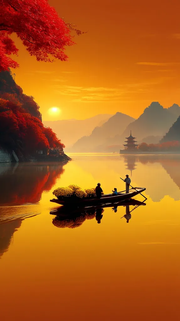 A serene sunset scene unfolds on a calm river, bathed in warm, golden light.  Three figures in a small boat, laden with yellow flowers, navigate the tranquil waters.  Autumnal red foliage frames the left side, contrasting beautifully against the distant hills and a pagoda on the opposite shore.  The reflection of the scene creates a mirror image, enhancing the tranquil atmosphere.