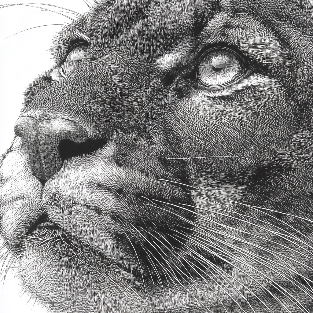 A detailed black and white illustration showcases a close-up of a lynx's face.  The artist masterfully renders the animal's fur, capturing individual hairs with precision.  The lynx's expressive eye, wet nose, and prominent whiskers are strikingly depicted, creating a lifelike and intense image. The style suggests pen and ink or a similar fine-line drawing technique. The overall effect is a powerful and captivating portrayal of the wild feline.