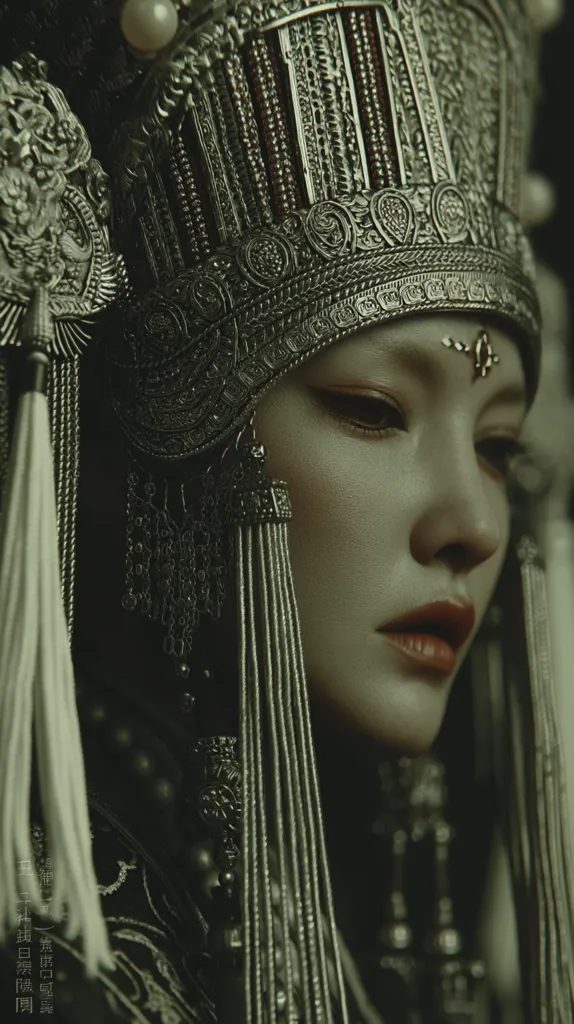 A woman's face is partially visible, adorned with an ornate silver headdress.  The headpiece is intricately detailed, featuring beading and elaborate metalwork.  Her expression is somber, her gaze downward. The overall aesthetic is dark and mysterious, with a focus on the rich textures and metallic sheen of the jewelry.  The image evokes a sense of regalness and ancient cultures.