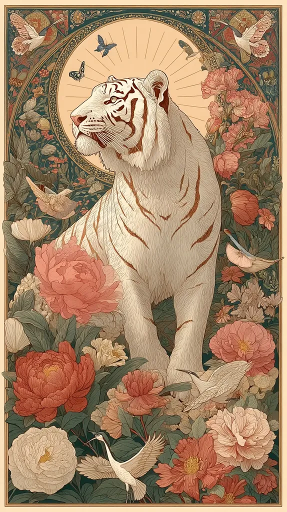 A majestic white tiger sits serenely amidst a vibrant, ornate garden.  Surrounding the tiger are lush peonies in varying shades of pink and red, along with other flowering plants and delicate birds. Butterflies flutter nearby, adding to the idyllic scene, which is framed by an intricately designed border. The artwork’s style is reminiscent of Art Nouveau, with a calming color palette and meticulous detail.