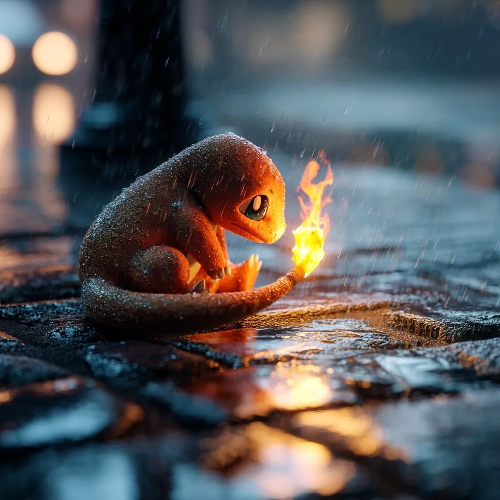 A charming 3D rendering depicts a small, orange Charmander Pokémon sitting on a rain-soaked cobblestone street.  Rain falls around it, yet the Charmander holds a small, flickering flame, creating a poignant contrast between the cold rain and its warm fire.  The scene is beautifully lit, emphasizing the dampness and the small creature's determination. The overall mood is melancholic yet hopeful.