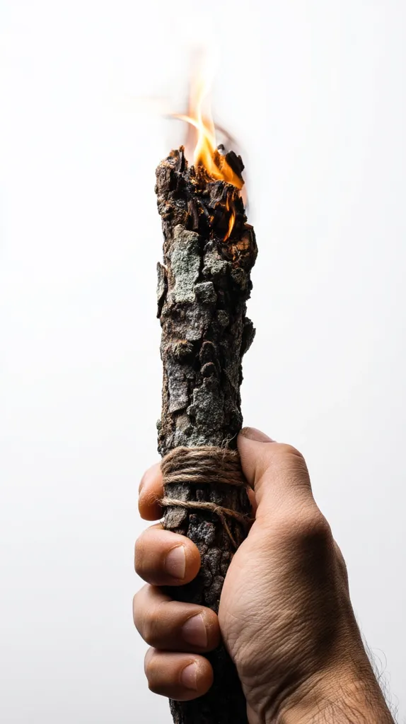 A hand firmly grips a burning wooden torch against a stark white background.  The torch, seemingly crafted from a branch with its bark intact, is bound with twine near its base.  The flames at the top are small but bright, suggesting a primitive, yet potent, source of light or fire. The image evokes feelings of survival, resilience, and a connection to simpler times.