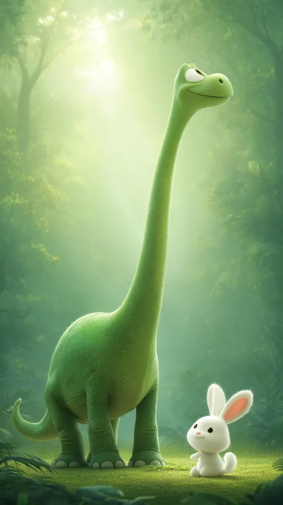 A charming illustration depicts a friendly, green long-necked dinosaur standing in a sun-dappled forest.  Beside it sits a small, white bunny rabbit.  The scene is peaceful and idyllic, with soft lighting and muted greens creating a serene atmosphere.  The dinosaur appears gentle and curious, gazing upwards, while the rabbit looks calmly towards the viewer.  The overall style is cute and whimsical.