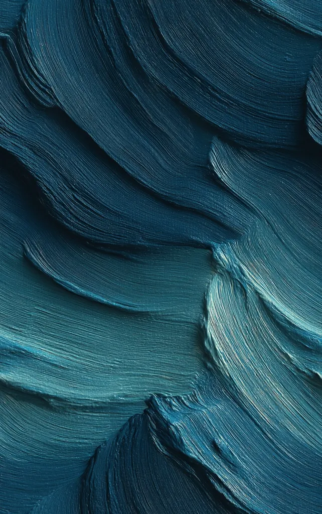 An abstract image showcasing thick, impasto-style brushstrokes of teal paint.  The strokes create dynamic, flowing waves and textures across the surface, resembling undulating water or a sculpted landscape.  The deep, saturated color and visible brushwork contribute to a rich, visually captivating piece.