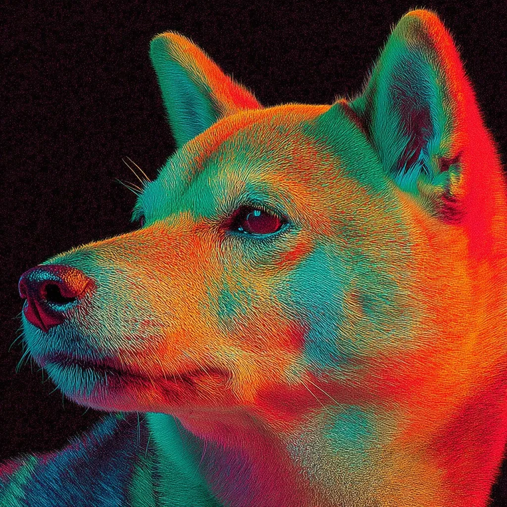 A vibrant, stylized portrait of a Shiba Inu dog.  The image uses a bold color palette of oranges, reds, and teals, creating a striking, almost psychedelic effect.  The dog's fur is depicted with textured brushstrokes, highlighting its individual hairs. The dark background emphasizes the dog's colorful form.  The overall style is artistic and expressive, rather than photorealistic.