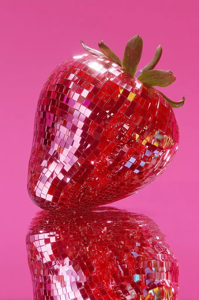 A disco ball-covered strawberry sits on a pink surface, its reflection mirrored below.  The vibrant red of the strawberry contrasts with the shimmering, multifaceted surface of the disco ball material.  The green calyx of the strawberry is visible at the top. The overall effect is playful and visually striking, combining unexpected textures and colors.