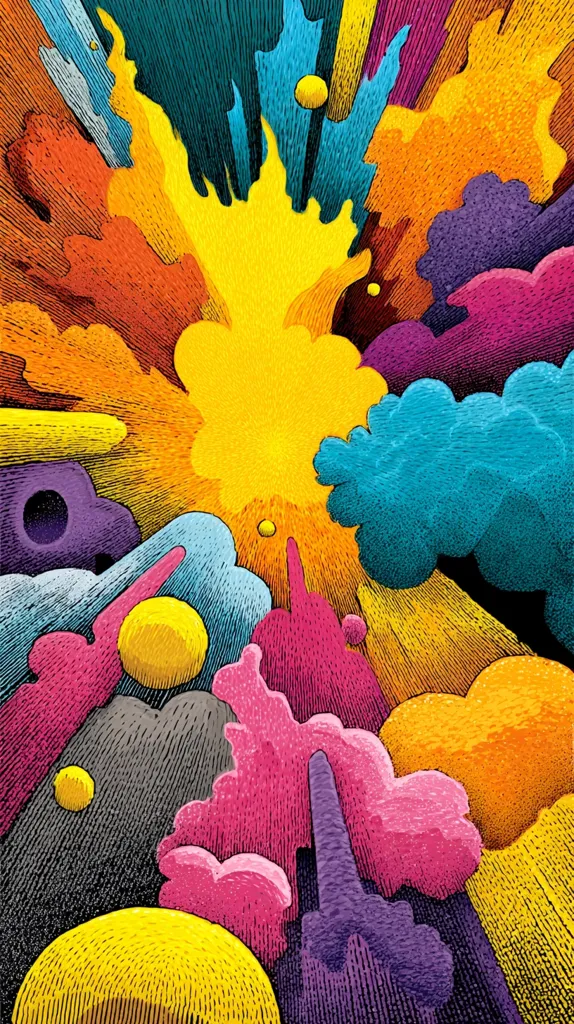 A vibrant explosion of color dominates the image, featuring a central burst of yellow surrounded by swirling clouds of various hues.  Blues, oranges, pinks, purples, and yellows intermingle, creating a dynamic and energetic composition.  The style is reminiscent of hand-drawn illustrations, with textured strokes adding depth and visual interest to the abstract forms. Small, spherical shapes are scattered throughout, enhancing the overall whimsical feel.