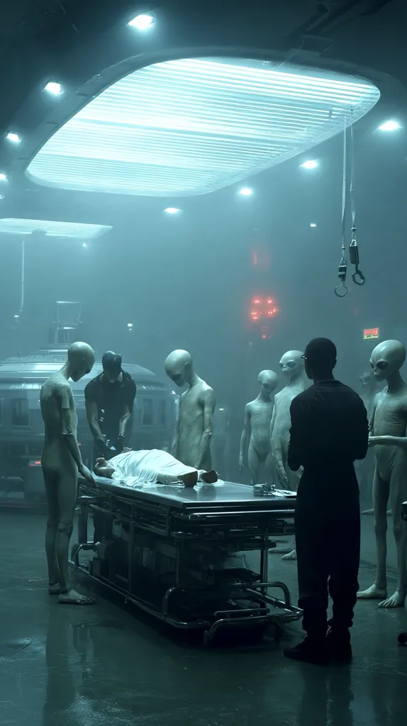 A dimly lit, futuristic room houses several pale, humanoid figures surrounding a body on a metallic gurney.  One figure, cloaked in dark clothing, stands observing. The scene is eerie, with a cold, metallic atmosphere and muted, teal lighting.  The overall impression is one of a clinical, possibly alien, autopsy or examination.  A train-like structure is visible in the background.
