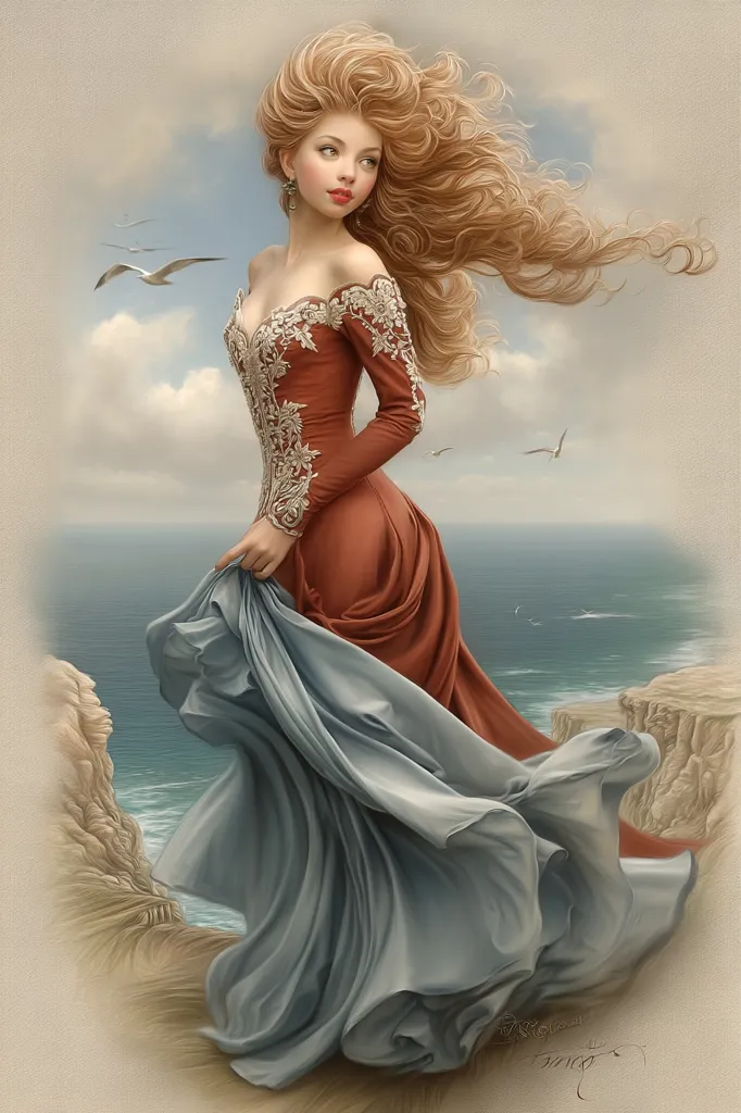 A breathtaking illustration depicts a woman with flowing auburn hair, dressed in a rust-colored gown adorned with intricate lace.  The dress's long train billows in the wind alongside a light blue undergarment, creating dramatic movement.  She stands on a cliff overlooking a serene ocean, with birds in flight adding to the ethereal atmosphere. The scene evokes a sense of freedom and mystical beauty.