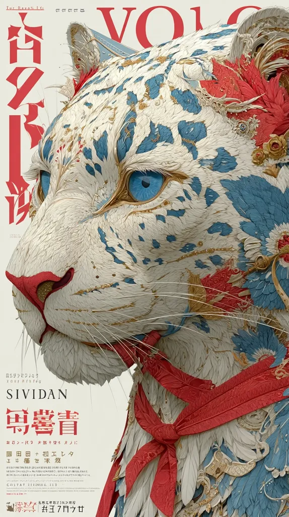 A detailed close-up of an intricately designed snow leopard's head. The artwork features ornate detailing in shades of white, blue, gold, and red, with a red ribbon adorning its neck.  The background includes Japanese text and the artist's name, "SIVIDAN," suggesting an artistic exhibition or print. The style blends realism with fantastical elements.