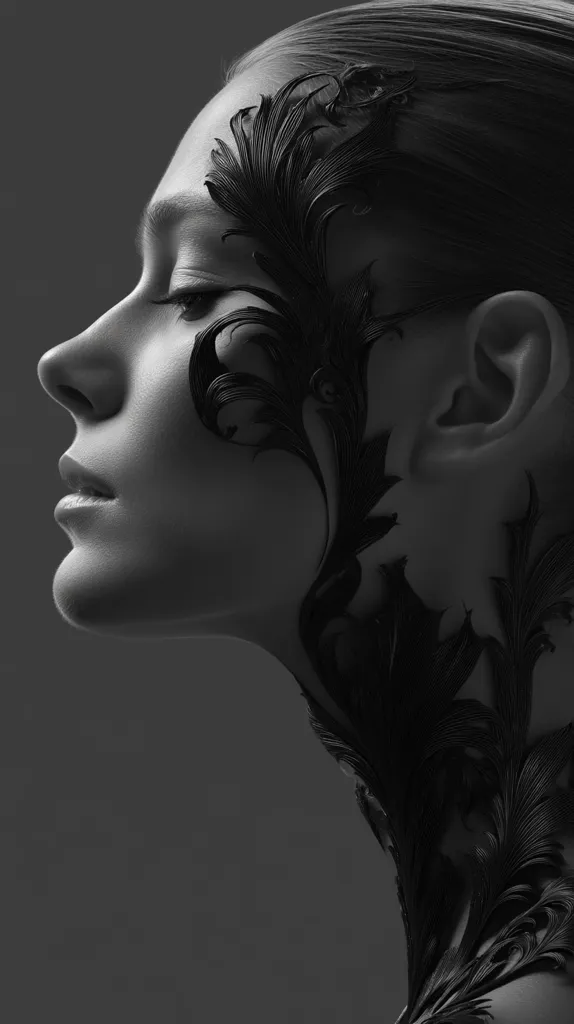 A black and white, close-up profile shot of a woman's face and neck adorned with intricate, dark, feather-like designs. The style is artistic and dramatic, with strong contrasts in light and shadow.  The model's expression is serene, her gaze directed away from the camera. The dark ornamentation contrasts beautifully with her pale skin. The overall mood is one of elegance and mystery.