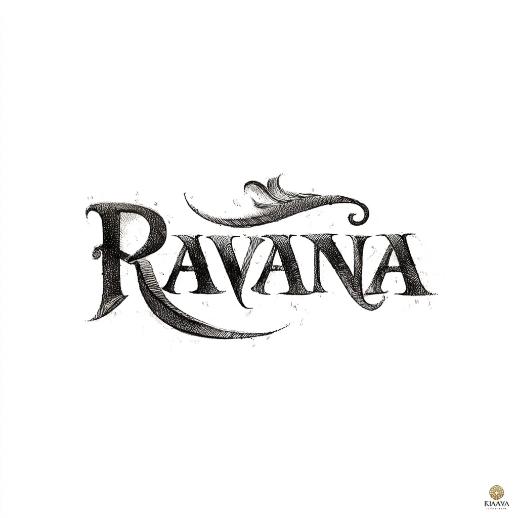 A meticulously drawn illustration showcases the name "Ravana" in a stylized, elegant script. The lettering is bold and detailed, with each letter exhibiting a unique texture and shading, suggesting a hand-drawn, almost etched quality.  A flourish above the name adds a decorative element, enhancing its artistic appeal.  The overall style blends classic calligraphy with a modern, artistic touch.
