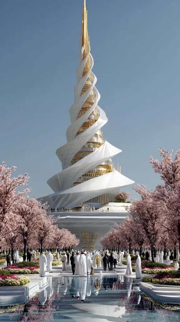 A majestic, spiraling tower dominates the scene, its white curves accented with gold.  The structure, seemingly modern and futuristic, is surrounded by meticulously landscaped gardens featuring blossoming pink trees and reflective pools. People in traditional white robes stroll through the tranquil oasis, creating a striking contrast between ancient and advanced design.  The clear blue sky provides a perfect backdrop for this architectural marvel.