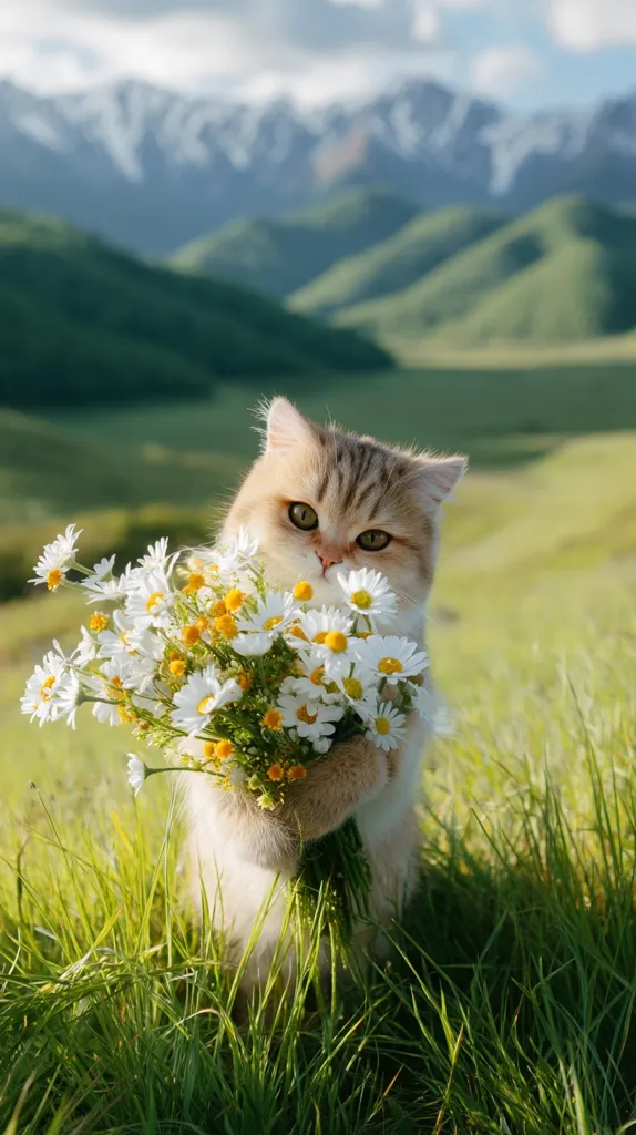 A fluffy, light brown cat sits in a grassy field, cradling a bouquet of daisies.  The backdrop features a picturesque mountain range under a partly cloudy sky. The cat's expression is endearing, and the scene evokes a feeling of serenity and springtime.  The overall image is charming and idyllic.
