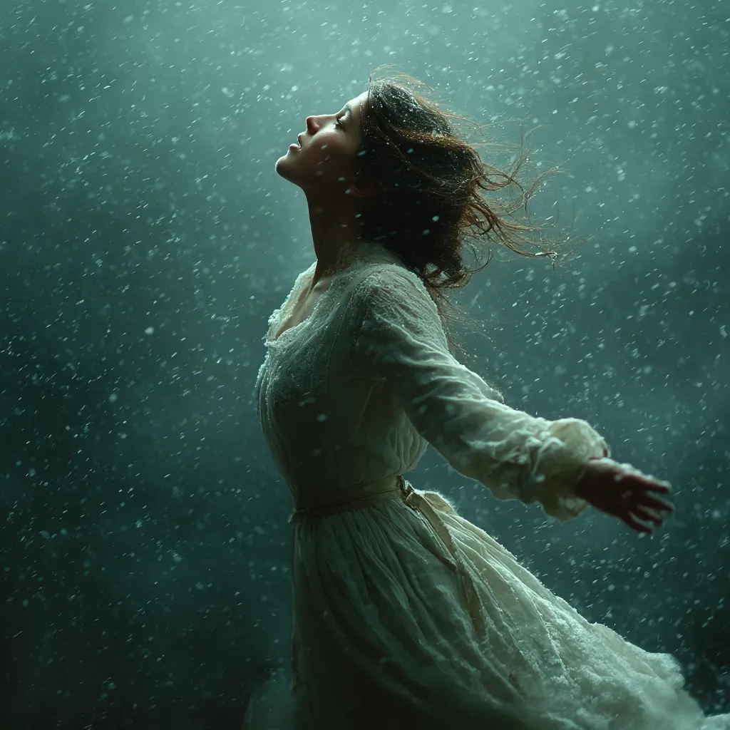 A woman in a flowing white dress stands with arms outstretched, her head tilted back, amidst a swirling, teal-toned snowstorm.  Her dark hair streams behind her, adding to the ethereal and dreamlike quality of the image. The scene evokes a sense of freedom, surrender, or perhaps longing. The muted colors and atmospheric effects create a mood of mystery and melancholic beauty.