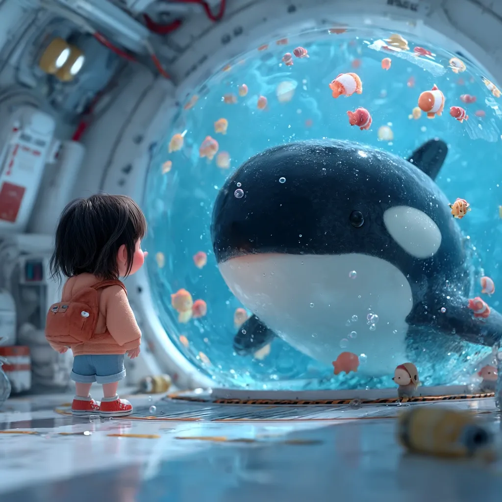 A small, cute girl with a backpack stands before a large, spherical aquarium. Inside, a cartoonish orca swims amidst colorful smaller fish.  The scene is set in a futuristic, possibly space-themed, environment, with a clean, metallic background. The overall style is whimsical and charming, evoking a sense of wonder and curiosity.