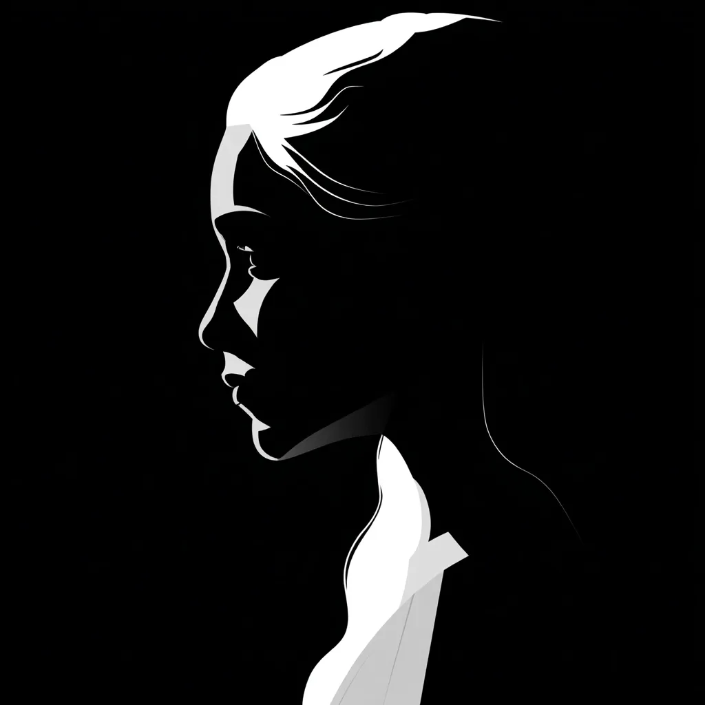 A stylized profile portrait of a woman's face, rendered in stark black and white.  Her hair is pulled back, revealing a delicate facial structure.  The contrast highlights her features, creating a dramatic and elegant effect.  The background is pure black, focusing attention solely on the subject. The overall mood is one of quiet contemplation or pensive grace.