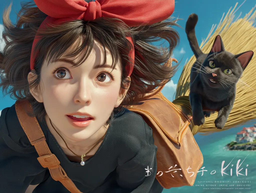 A stylized, highly realistic digital painting of Kiki from Kiki's Delivery Service.  She's depicted flying on her broomstick, her black cat Jiji beside her.  Kiki wears her signature red bow and dark clothing, her expression one of wonder and excitement as she soars above a bright blue ocean and distant coastline.  The image is vibrant and detailed, showcasing impressive rendering skills.