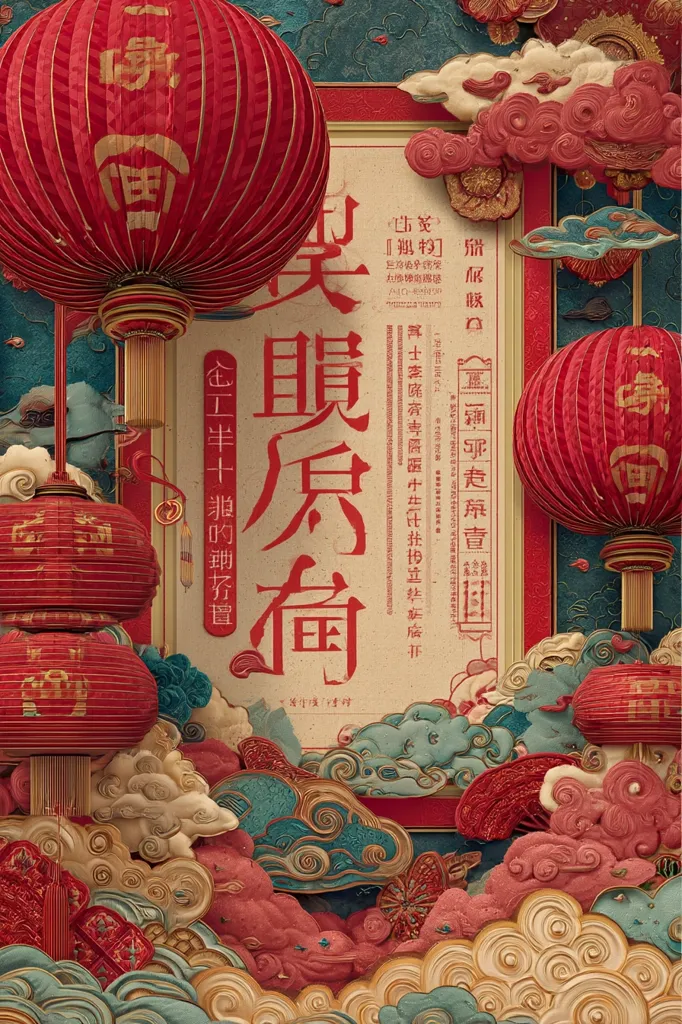 A vibrant poster, rich in traditional Chinese aesthetics, features large red lanterns with intricate calligraphy.  Intricate paper-cut style clouds and swirling designs surround a central vertical text, likely a title or film name. The color palette is warm, dominated by reds and golds, evocative of a festive or celebratory occasion.  The overall impression is one of opulence and cultural heritage.