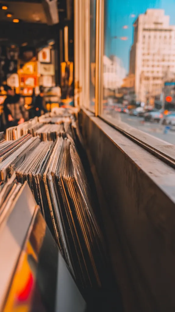 A stack of vinyl records sits on a windowsill, bathed in warm sunlight. The records are closely packed together, their spines showing a variety of colors and designs.  Beyond the window, a blurry cityscape is visible, suggesting an urban setting. The overall atmosphere is nostalgic and reminiscent of a record store or a music lover's collection.