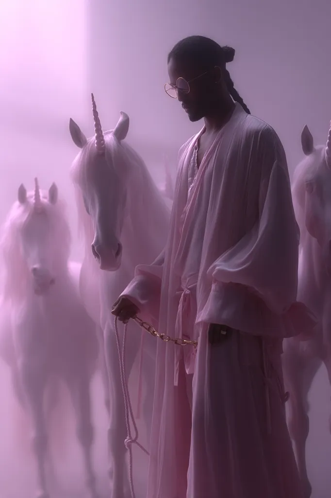 A person in a long, light pink robe and sunglasses stands holding a rope attached to three pale pink unicorns.  The scene is hazy and dreamlike, bathed in soft purple light.  The unicorns appear ethereal, their coats softly illuminated. The overall atmosphere evokes a sense of fantasy and serenity.