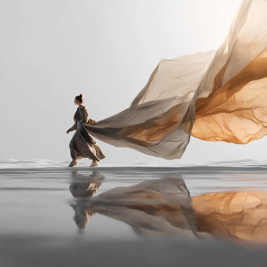 A woman in a flowing, taupe-colored dress strides across a reflective surface.  A long, sheer fabric, similar in color but with warmer tones, billows dramatically behind her, creating a sense of movement and freedom. The minimalist setting and muted tones enhance the ethereal and artistic quality of the image. The reflection doubles the scene, adding to the dreamlike atmosphere.