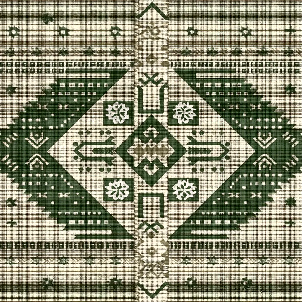 A textile design features a symmetrical, geometric pattern in shades of green and beige.  The central motif is a diamond shape composed of smaller geometric forms, bordered by triangular and linear elements.  Repeating patterns along the top and bottom add to the overall intricate and textured effect, suggesting a woven or embroidered style. The color palette is muted and earthy.