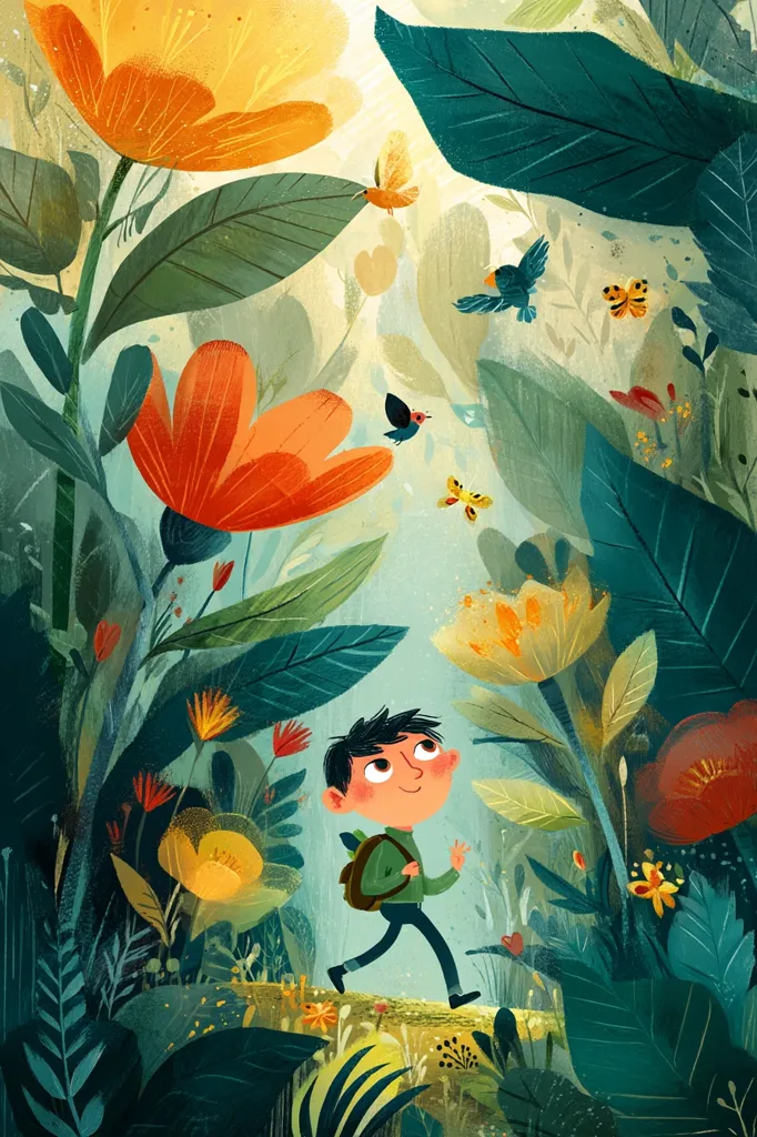 A whimsical illustration depicts a young boy with a backpack joyfully walking through a vibrant, surreal garden.  Large, stylized flowers in oranges and reds dominate the scene, interspersed with lush green foliage and small birds and butterflies. The overall style is playful and fantastical, evoking a sense of wonder and adventure.  The color palette is rich and warm, creating a cheerful and inviting atmosphere.