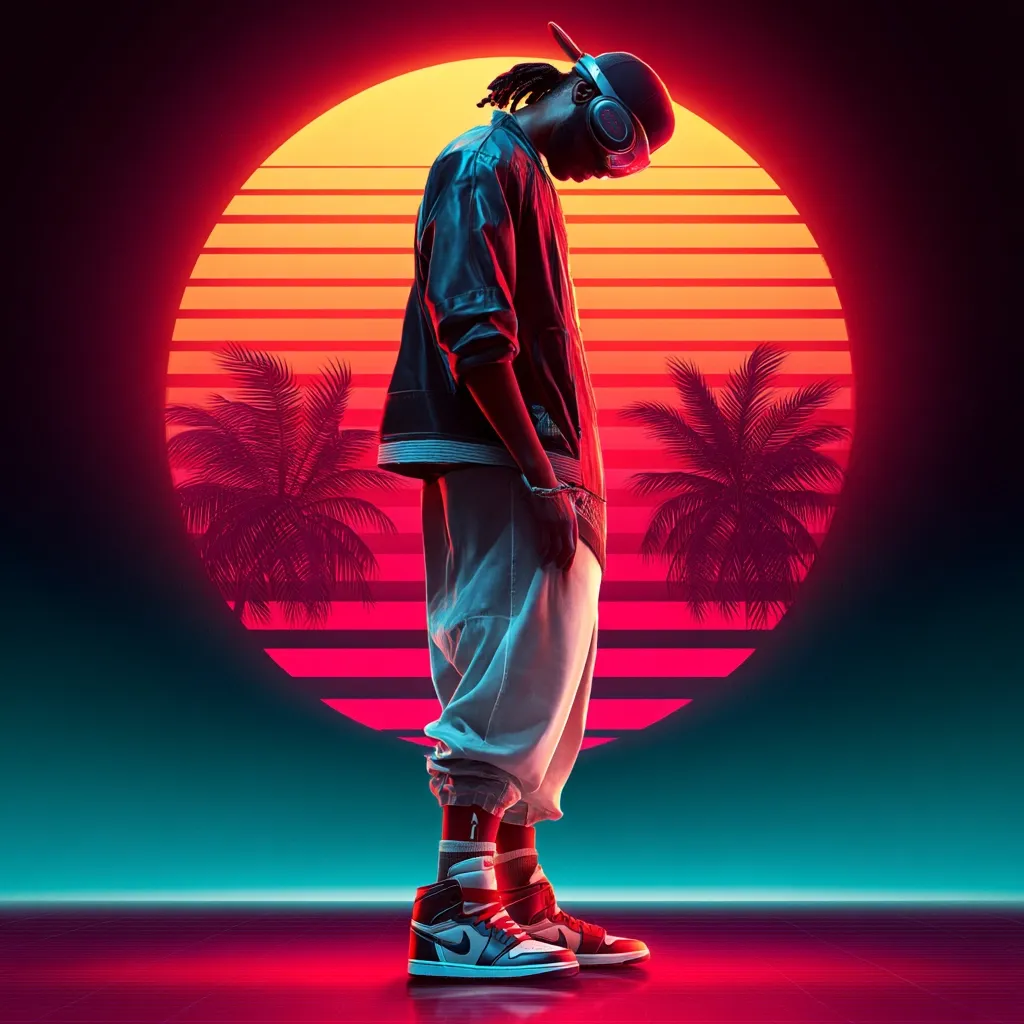 A stylized image of a young man in a leather jacket and baggy pants, wearing headphones and Air Jordan sneakers. He stands with his head bowed, silhouetted against a vibrant, retro-style sunset backdrop featuring palm trees. The scene evokes a synthwave aesthetic, with neon-like lighting and a futuristic feel. The overall mood is contemplative and stylish, reflecting a blend of 80s nostalgia and modern fashion.