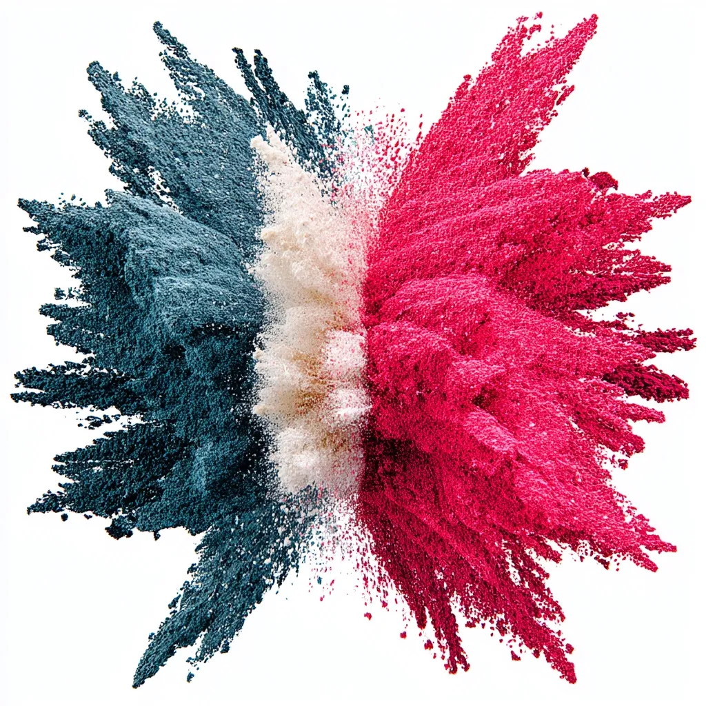 A vibrant explosion of color, captured against a stark white background.  Three distinct hues—a deep teal, off-white, and a bright fuchsia—burst outwards in a dynamic, symmetrical pattern. The fine powder creates a textured, almost three-dimensional effect, resembling a firework or a splash of paint frozen mid-air.  The image is striking and visually arresting.