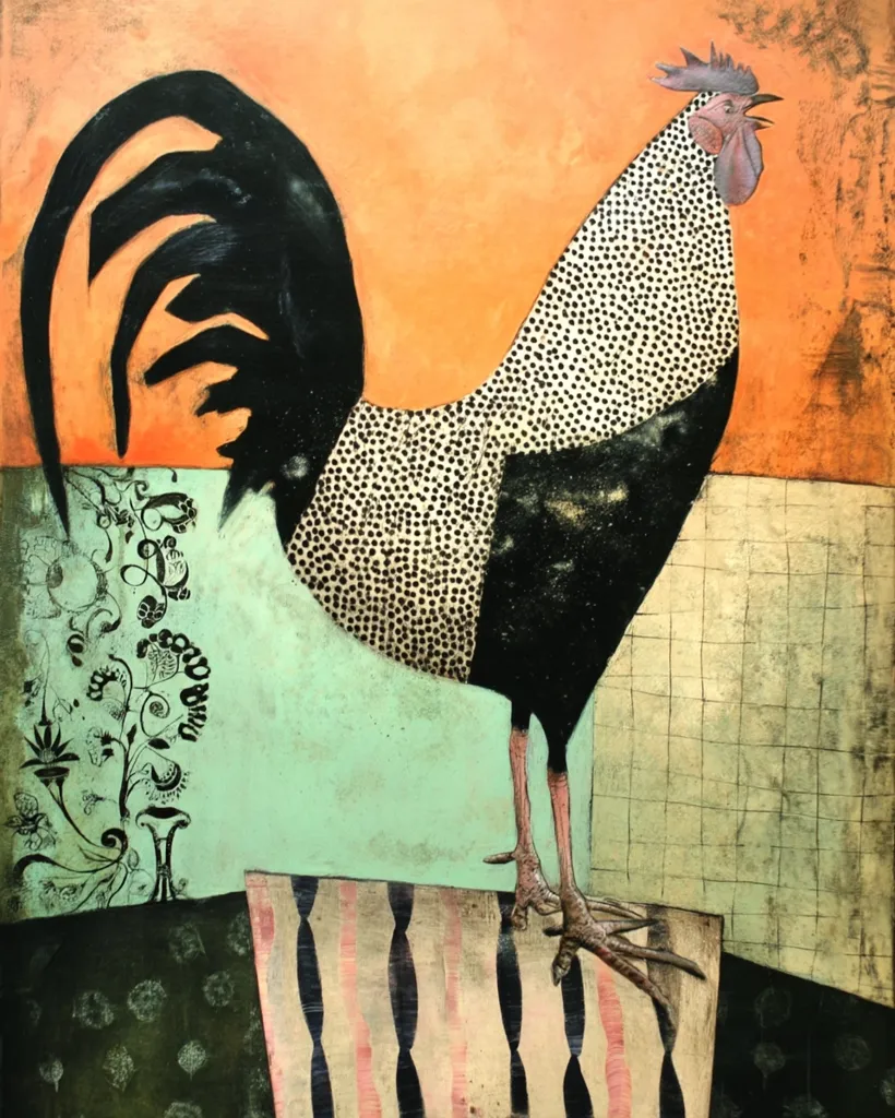 A stylized rooster, predominantly black and white with speckled detailing, stands on a patterned surface.  The background features a collage of textures and colors—orange, mint green, and muted earth tones—creating a visually rich, mixed-media artwork. The rooster's posture is alert, its comb raised, adding to the piece's dynamic energy.  A decorative floral motif is subtly incorporated on the left.