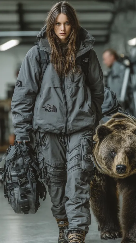 A woman in a grey The North Face jacket and matching cargo pants walks alongside a large brown bear. She carries a substantial backpack. The setting appears industrial, with a blurred background suggesting a warehouse or factory. The overall mood is one of rugged adventure and unexpected companionship.  Her expression is serious and focused.