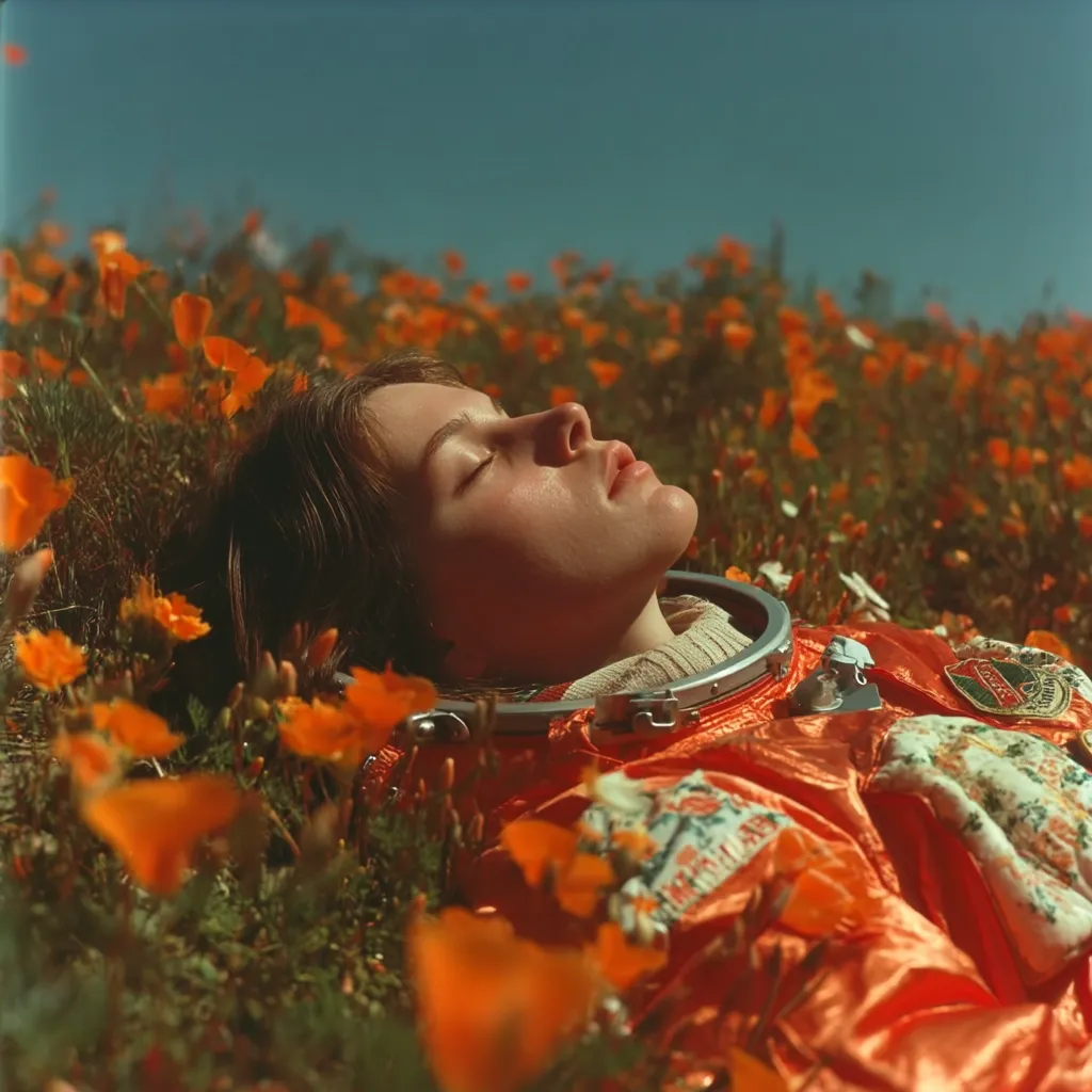A young woman, wearing an orange astronaut suit, lies peacefully in a field of vibrant orange poppies.  Her eyes are closed, and she appears to be asleep or deeply relaxed.  The sunlight bathes the scene in a warm, golden hue, creating a serene and dreamlike atmosphere. The contrast between the futuristic suit and the natural beauty of the flowers is striking.