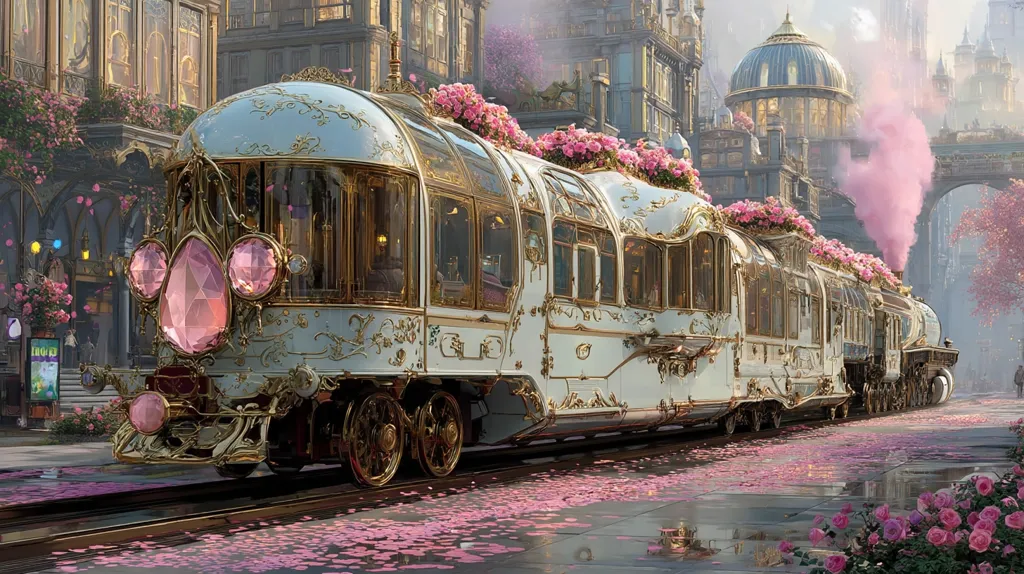 A magnificent, ornate train, adorned with pink roses, glides through a fantastical city.  Its carriages are light blue and gold, embellished with large pink gemstones.  The train emits pink smoke, adding to the dreamy, fairytale atmosphere of the scene.  The background showcases intricate, towering buildings in a style reminiscent of Art Nouveau or Steampunk architecture.  The overall impression is one of opulent luxury and magical realism.